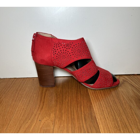 Anabelle Shoes Womens Size 8 Red Cutout Peep Toe Chunky Heel Suede Zip Sandals - Picture 5 of 10